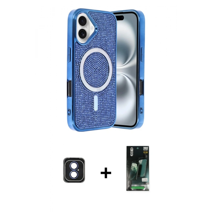 MARSİLYAN™- iPhone 16 Kılıf Eksen Çizgi - Siyah 360 Mat Full Body Arka Koruyucu + PVD Metal Kamera Lens - MI