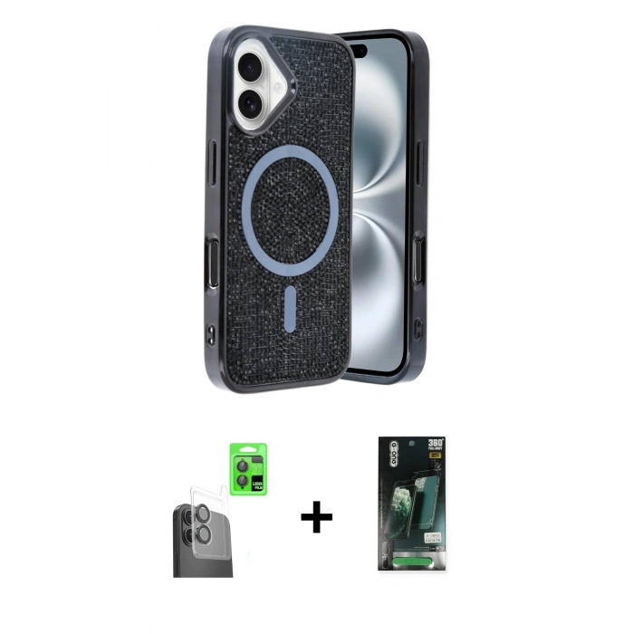 MARSİLYAN™- iPhone 16 Kılıf Eksen Çizgi - Siyah 360 Mat Full Body Arka Koruyucu + Raze Metal Kamera Lens - SH