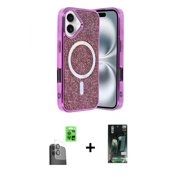 MARSİLYAN™- iPhone 16 Kılıf Eksen Çizgi - Siyah 360 Mat Full Body Arka Koruyucu + Raze Metal Kamera Lens - SH