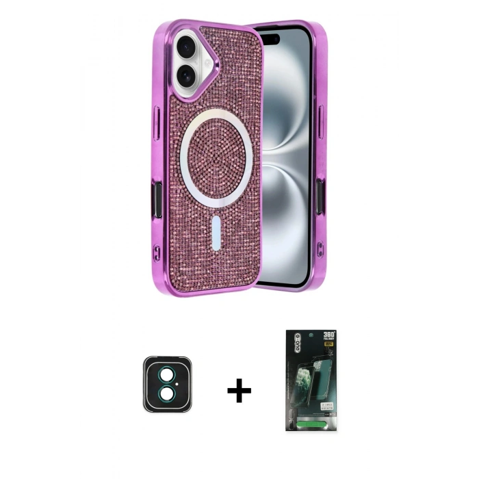MARSİLYAN™- iPhone 16 Kılıf Eksen Çizgi - Siyah 360 Mat Full Body Arka Koruyucu + PVD Metal Kamera Lens - YL