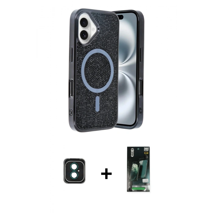 MARSİLYAN™- iPhone 16 Kılıf Eksen Çizgi - Siyah 360 Mat Full Body Arka Koruyucu + PVD Metal Kamera Lens - YL