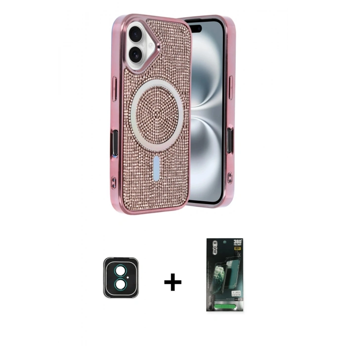 MARSİLYAN™- iPhone 16 Kılıf Eksen Çizgi - Siyah 360 Mat Full Body Arka Koruyucu + PVD Metal Kamera Lens - YL