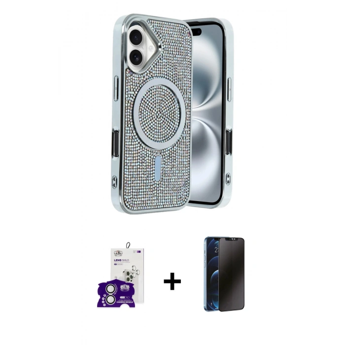 MARSİLYAN™- iPhone 16 Kılıf Eksen Çizgi - Siyah 3D Antistatik Hayalet Cam Ekran Koruyucu + Bilvis Titan Kamera Lens - GS