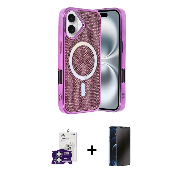 MARSİLYAN™- iPhone 16 Kılıf Eksen Çizgi - Siyah 3D Antistatik Hayalet Cam Ekran Koruyucu + Bilvis Titan Kamera Lens - YL