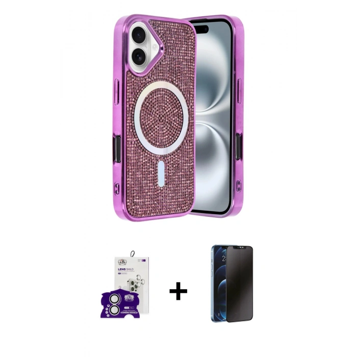 MARSİLYAN™- iPhone 16 Kılıf Eksen Çizgi - Siyah 3D Antistatik Hayalet Cam Ekran Koruyucu + Bilvis Titan Kamera Lens - GS