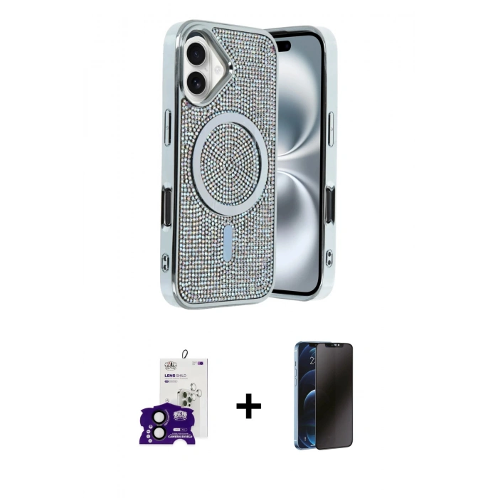 MARSİLYAN™- iPhone 16 Kılıf Eksen Çizgi - Siyah 3D Antistatik Hayalet Cam Ekran Koruyucu + Bilvis Titan Kamera Lens - SH