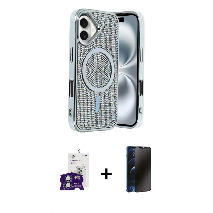 MARSİLYAN™- iPhone 16 Kılıf Eksen Çizgi - Siyah 3D Antistatik Hayalet Cam Ekran Koruyucu + Bilvis Titan Kamera Lens - YL