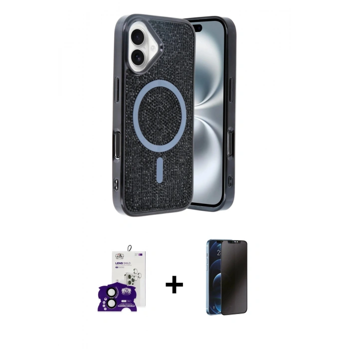 MARSİLYAN™- iPhone 16 Kılıf Eksen Çizgi - Siyah 3D Antistatik Hayalet Cam Ekran Koruyucu + Bilvis Titan Kamera Lens - SH