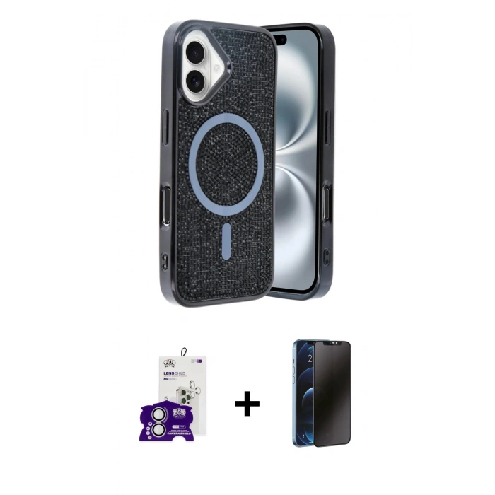 MARSİLYAN™- iPhone 16 Kılıf Eksen Çizgi - Siyah 3D Antistatik Hayalet Cam Ekran Koruyucu + Bilvis Titan Kamera Lens - GS