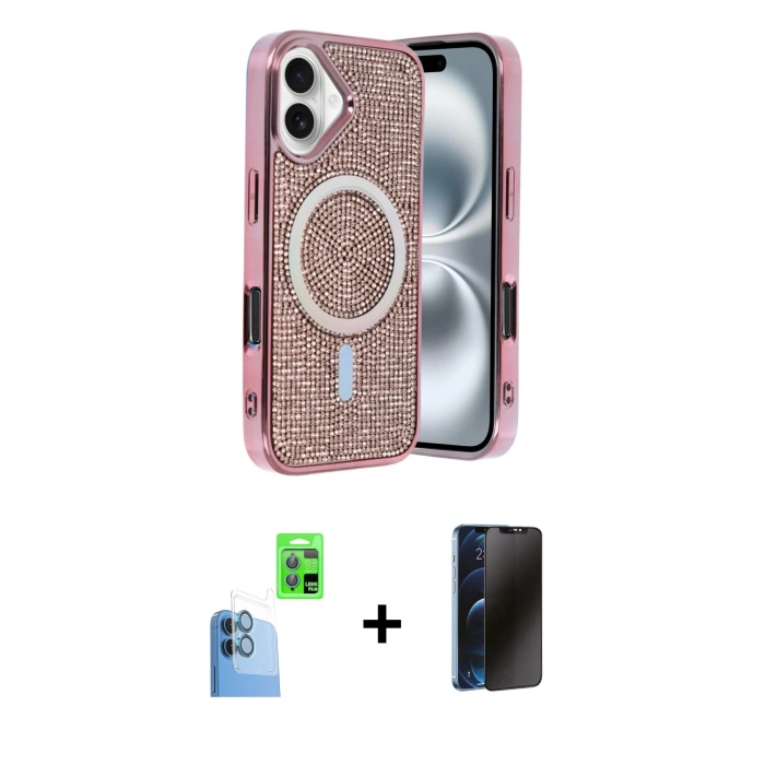 MARSİLYAN™- iPhone 16 Kılıf Eksen Çizgi - Siyah 3D Antistatik Hayalet Cam Ekran Koruyucu + Raze Metal Kamera Lens - LT