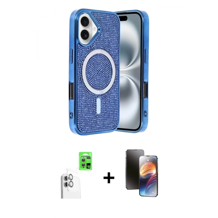 MARSİLYAN™- iPhone 16 Kılıf Eksen Çizgi - Siyah 3D Antistatik Mat Seramik Nano Ekran Koruyucu + Raze Metal Kamera Lens - BZ
