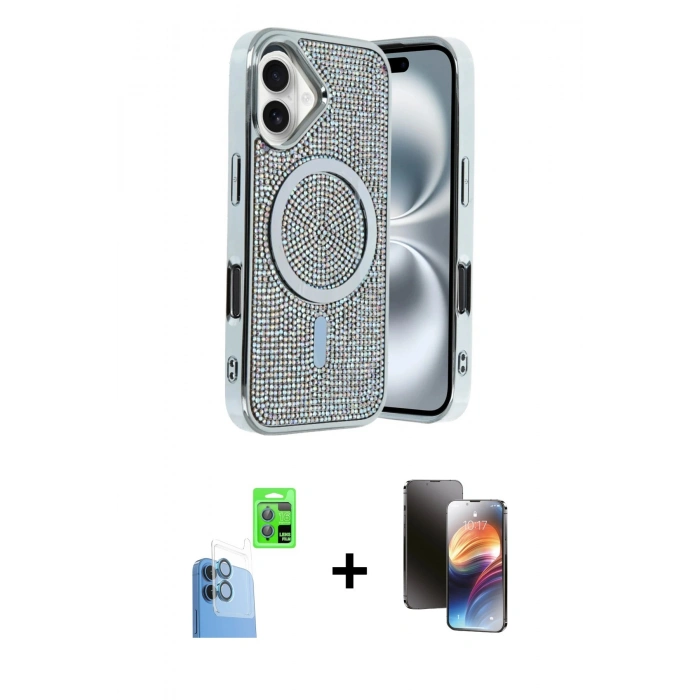 MARSİLYAN™- iPhone 16 Kılıf Eksen Çizgi - Siyah 3D Antistatik Mat Seramik Nano Ekran Koruyucu + Lacivert Raze Metal Kamera Lens