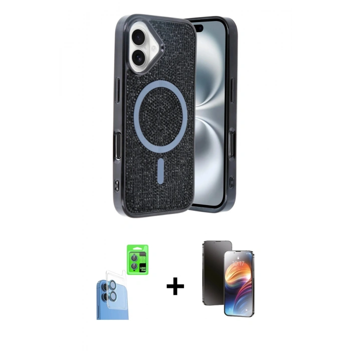 MARSİLYAN™- iPhone 16 Kılıf Eksen Çizgi - Siyah 3D Antistatik Mat Seramik Nano Ekran Koruyucu + Lacivert Raze Metal Kamera Lens
