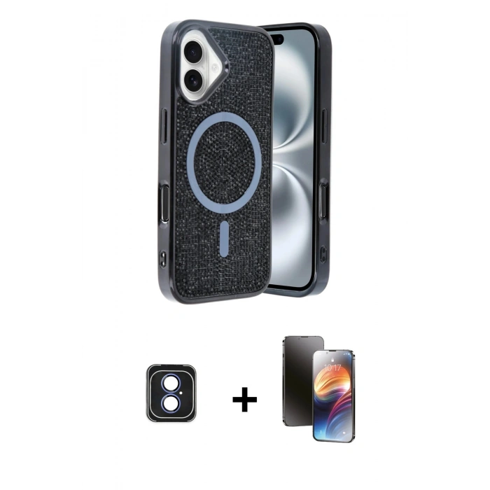 MARSİLYAN™- iPhone 16 Kılıf Eksen Çizgi - Siyah 3D Antistatik Mat Seramik Nano Ekran Koruyucu + Mavi PVD Metal Kamera Lens