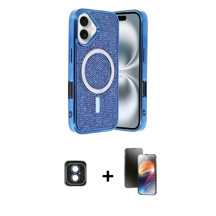 MARSİLYAN™- iPhone 16 Kılıf Eksen Çizgi - Siyah 3D Antistatik Mat Seramik Nano Ekran Koruyucu + Mavi PVD Metal Kamera Lens