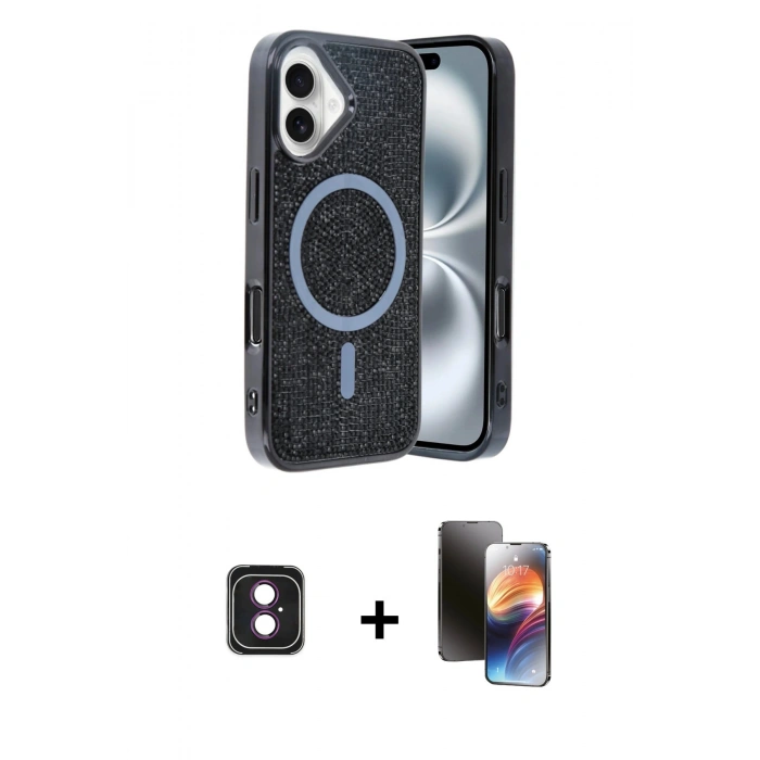 MARSİLYAN™- iPhone 16 Kılıf Eksen Çizgi - Siyah 3D Antistatik Mat Seramik Nano Ekran Koruyucu + PVD Metal Kamera Lens - PE