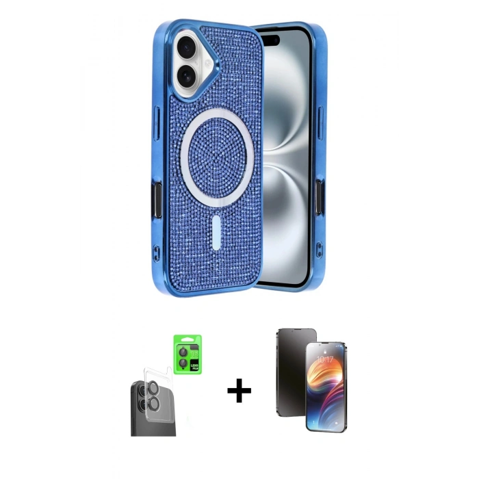MARSİLYAN™- iPhone 16 Kılıf Eksen Çizgi - Siyah 3D Antistatik Mat Seramik Nano Ekran Koruyucu + Siyah Raze Metal Kamera Lens
