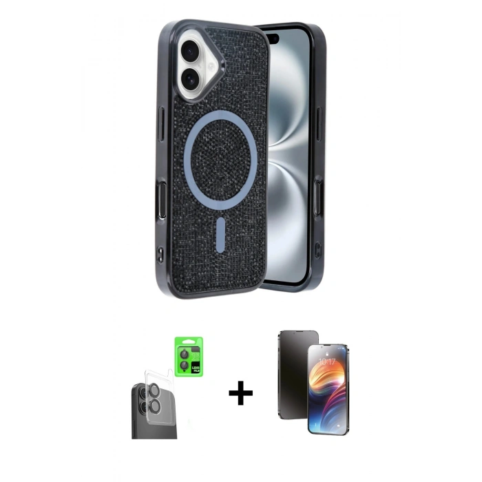 MARSİLYAN™- iPhone 16 Kılıf Eksen Çizgi - Siyah 3D Antistatik Mat Seramik Nano Ekran Koruyucu + Siyah Raze Metal Kamera Lens