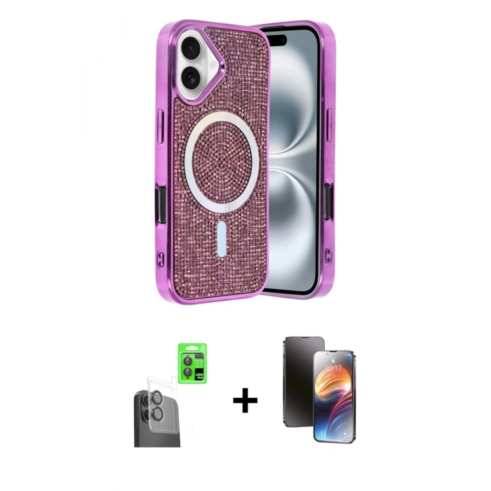 MARSİLYAN™- iPhone 16 Kılıf Eksen Çizgi - Siyah 3D Antistatik Mat Seramik Nano Ekran Koruyucu + Siyah Raze Metal Kamera Lens