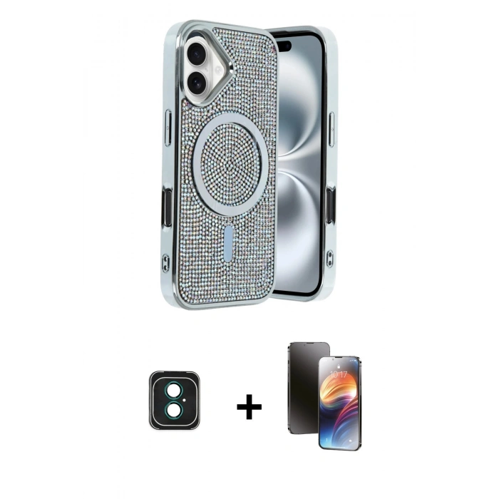 MARSİLYAN™- iPhone 16 Kılıf Eksen Çizgi - Siyah 3D Antistatik Mat Seramik Nano Ekran Koruyucu + Yeşil PVD Metal Kamera Lens