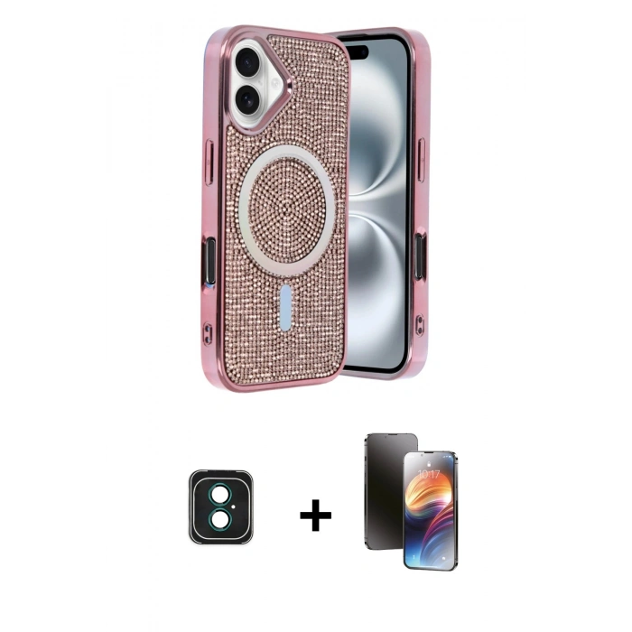 MARSİLYAN™- iPhone 16 Kılıf Eksen Çizgi - Siyah 3D Antistatik Mat Seramik Nano Ekran Koruyucu + Yeşil PVD Metal Kamera Lens