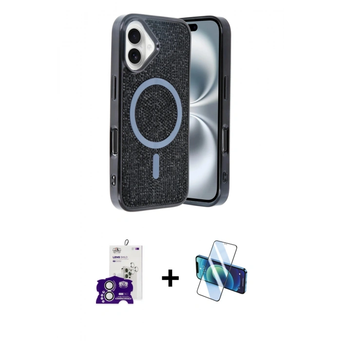 MARSİLYAN™- iPhone 16 Kılıf Eksen Çizgi - Siyah 3D Antistatik Seramik Nano Ekran Koruyucu + Bilvis Titan Kamera Lens - GS