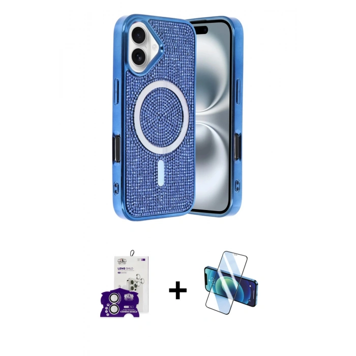 MARSİLYAN™- iPhone 16 Kılıf Eksen Çizgi - Siyah 3D Antistatik Seramik Nano Ekran Koruyucu + Bilvis Titan Kamera Lens - GS