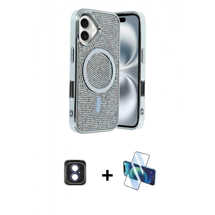 MARSİLYAN™- iPhone 16 Kılıf Eksen Çizgi - Siyah 3D Antistatik Seramik Nano Ekran Koruyucu + PVD Metal Kamera Lens - MI