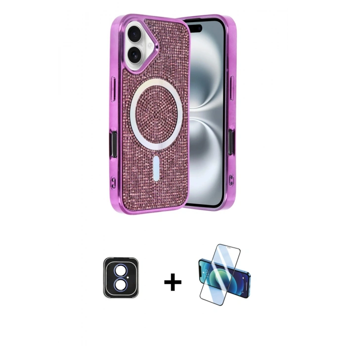 MARSİLYAN™- iPhone 16 Kılıf Eksen Çizgi - Siyah 3D Antistatik Seramik Nano Ekran Koruyucu + PVD Metal Kamera Lens - MI
