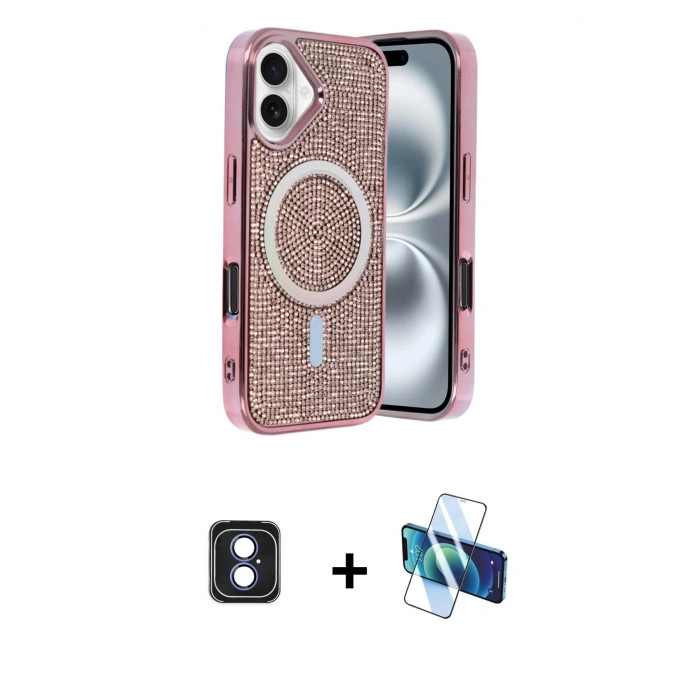 MARSİLYAN™- iPhone 16 Kılıf Eksen Çizgi - Siyah 3D Antistatik Seramik Nano Ekran Koruyucu + PVD Metal Kamera Lens - MI
