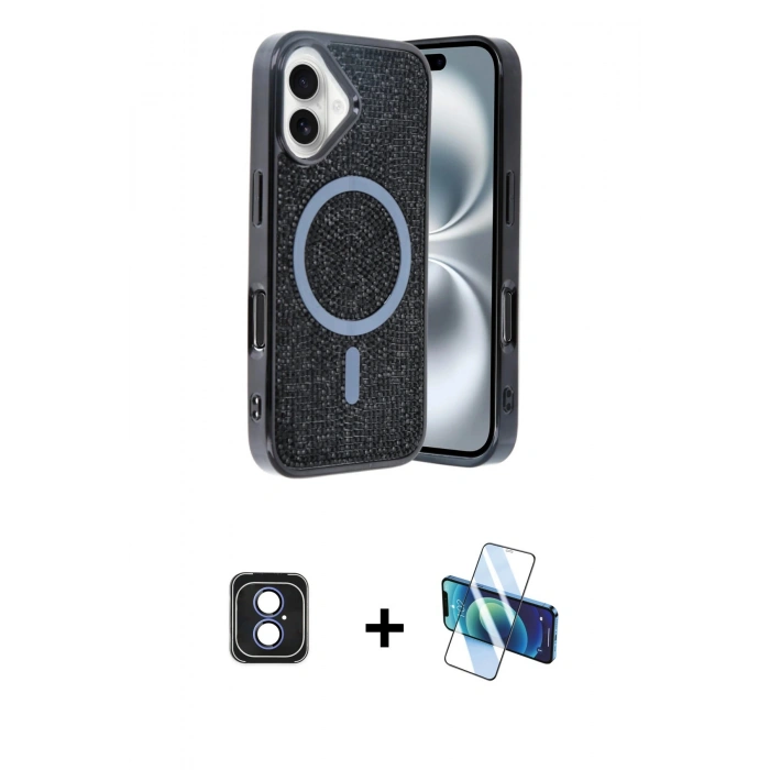 MARSİLYAN™- iPhone 16 Kılıf Eksen Çizgi - Siyah 3D Antistatik Seramik Nano Ekran Koruyucu + PVD Metal Kamera Lens - MI