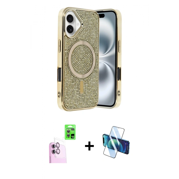 MARSİLYAN™- iPhone 16 Kılıf Eksen Çizgi - Siyah 3D Antistatik Seramik Nano Ekran Koruyucu + Raze Metal Kamera Lens - PE