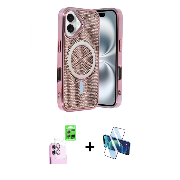MARSİLYAN™- iPhone 16 Kılıf Eksen Çizgi - Siyah 3D Antistatik Seramik Nano Ekran Koruyucu + Raze Metal Kamera Lens - PE
