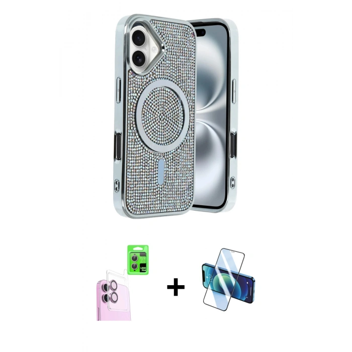 MARSİLYAN™- iPhone 16 Kılıf Eksen Çizgi - Siyah 3D Antistatik Seramik Nano Ekran Koruyucu + Raze Metal Kamera Lens - PE