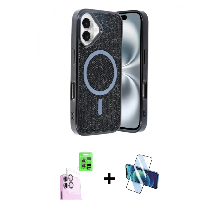 MARSİLYAN™- iPhone 16 Kılıf Eksen Çizgi - Siyah 3D Antistatik Seramik Nano Ekran Koruyucu + Raze Metal Kamera Lens - PE