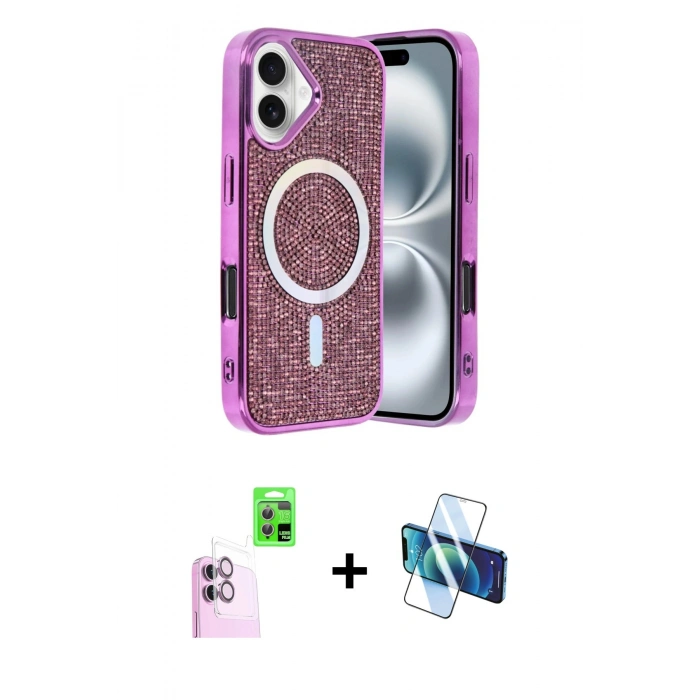 MARSİLYAN™- iPhone 16 Kılıf Eksen Çizgi - Siyah 3D Antistatik Seramik Nano Ekran Koruyucu + Raze Metal Kamera Lens - PE