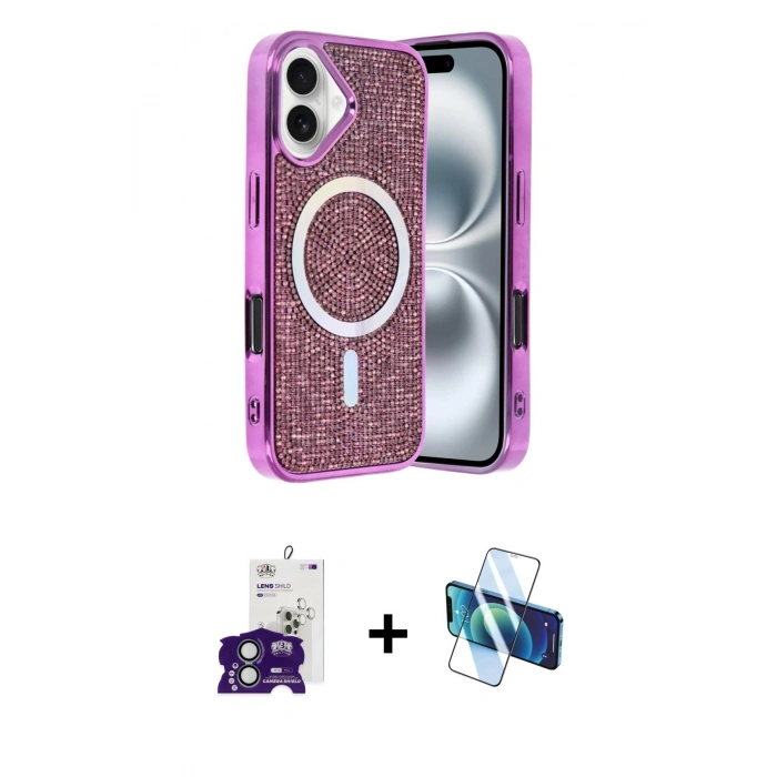 MARSİLYAN™- iPhone 16 Kılıf Eksen Çizgi - Siyah 3D Antistatik Seramik Nano Ekran Koruyucu + Bilvis Titan Kamera Lens - YL