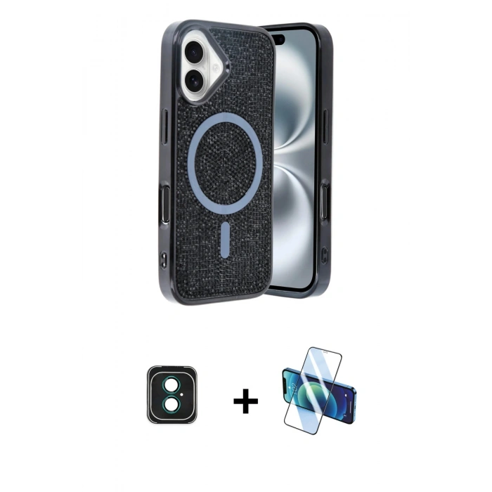MARSİLYAN™- iPhone 16 Kılıf Eksen Çizgi - Siyah 3D Antistatik Seramik Nano Ekran Koruyucu + PVD Metal Kamera Lens - YL