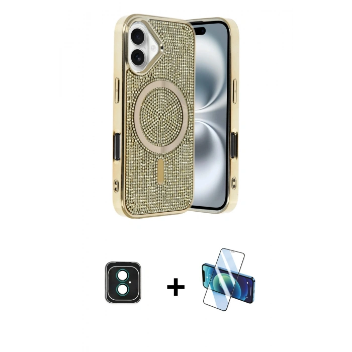 MARSİLYAN™- iPhone 16 Kılıf Eksen Çizgi - Siyah 3D Antistatik Seramik Nano Ekran Koruyucu + PVD Metal Kamera Lens - YL