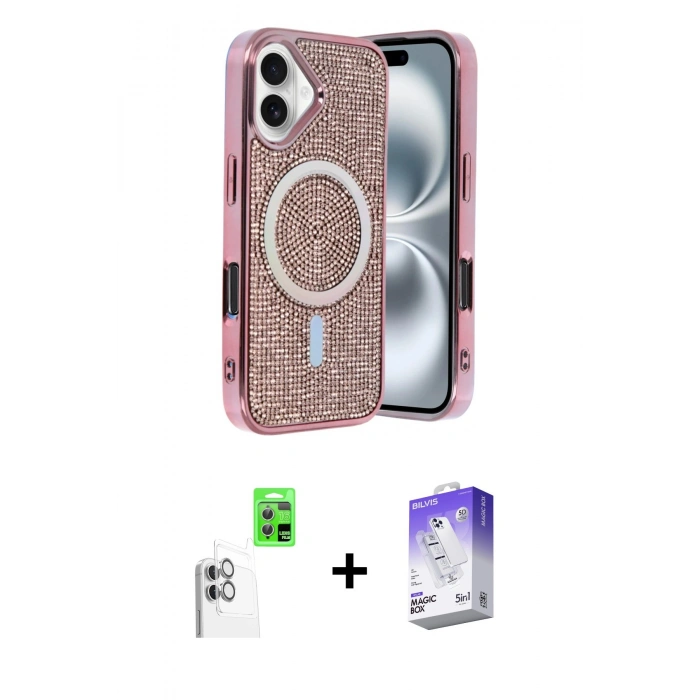 MARSİLYAN™- iPhone 16 Kılıf Eksen Çizgi - Siyah Bilvis 5in1 3D Magic Cam Ekran Koruyucu + Beyaz Raze Metal Kamera Lens