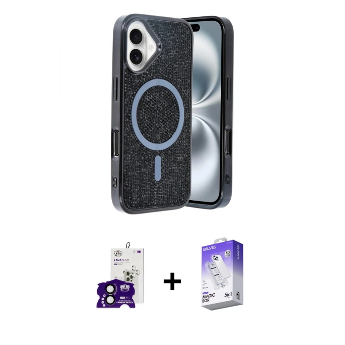 MARSİLYAN™- iPhone 16 Kılıf Eksen Çizgi - Siyah Bilvis 5in1 3D Magic Cam Ekran Koruyucu + Bilvis Titan Kamera Lens - SH