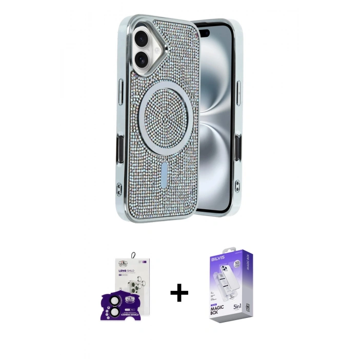 MARSİLYAN™- iPhone 16 Kılıf Eksen Çizgi - Siyah Bilvis 5in1 3D Magic Cam Ekran Koruyucu + Bilvis Titan Kamera Lens - SH