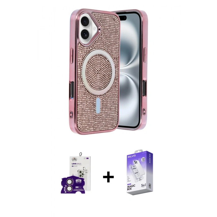 MARSİLYAN™- iPhone 16 Kılıf Eksen Çizgi - Siyah Bilvis 5in1 3D Magic Cam Ekran Koruyucu + Pembe Bilvis Titan Kamera Lens