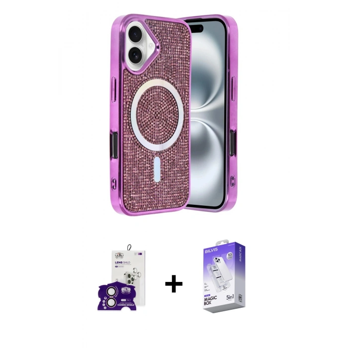 MARSİLYAN™- iPhone 16 Kılıf Eksen Çizgi - Siyah Bilvis 5in1 3D Magic Cam Ekran Koruyucu + Pembe Bilvis Titan Kamera Lens