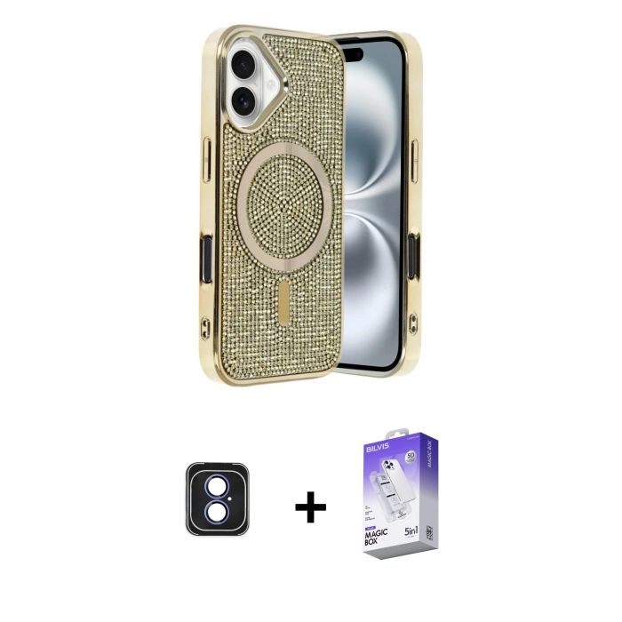MARSİLYAN™- iPhone 16 Kılıf Eksen Çizgi - Siyah Bilvis 5in1 3D Magic Cam Ekran Koruyucu + PVD Metal Kamera Lens - MI