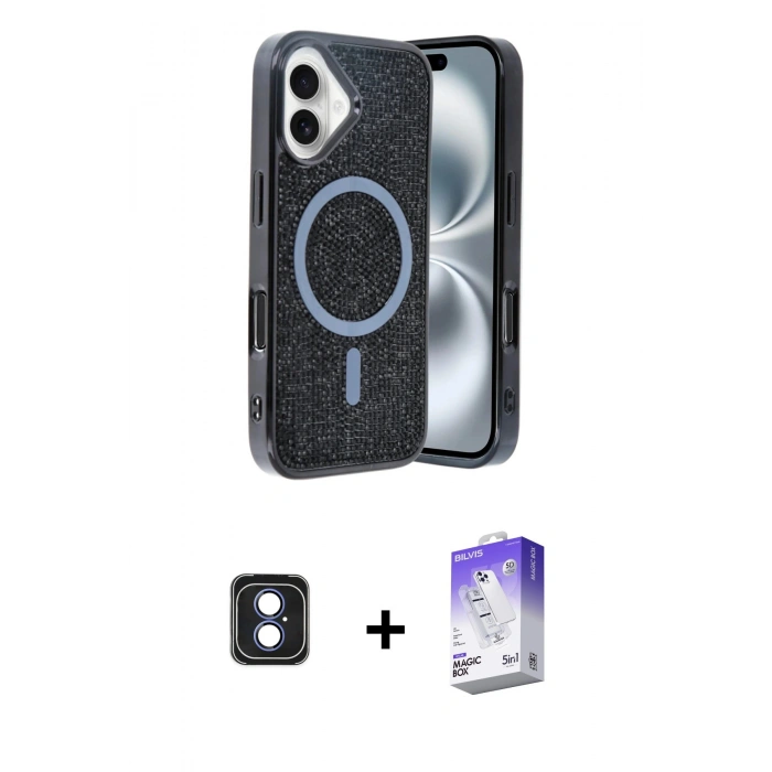 MARSİLYAN™- iPhone 16 Kılıf Eksen Çizgi - Siyah Bilvis 5in1 3D Magic Cam Ekran Koruyucu + PVD Metal Kamera Lens - MI