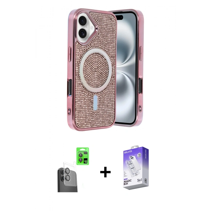 MARSİLYAN™- iPhone 16 Kılıf Eksen Çizgi - Siyah Bilvis 5in1 3D Magic Cam Ekran Koruyucu + Raze Metal Kamera Lens - SH
