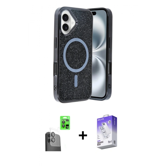 MARSİLYAN™- iPhone 16 Kılıf Eksen Çizgi - Siyah Bilvis 5in1 3D Magic Cam Ekran Koruyucu + Raze Metal Kamera Lens - SH
