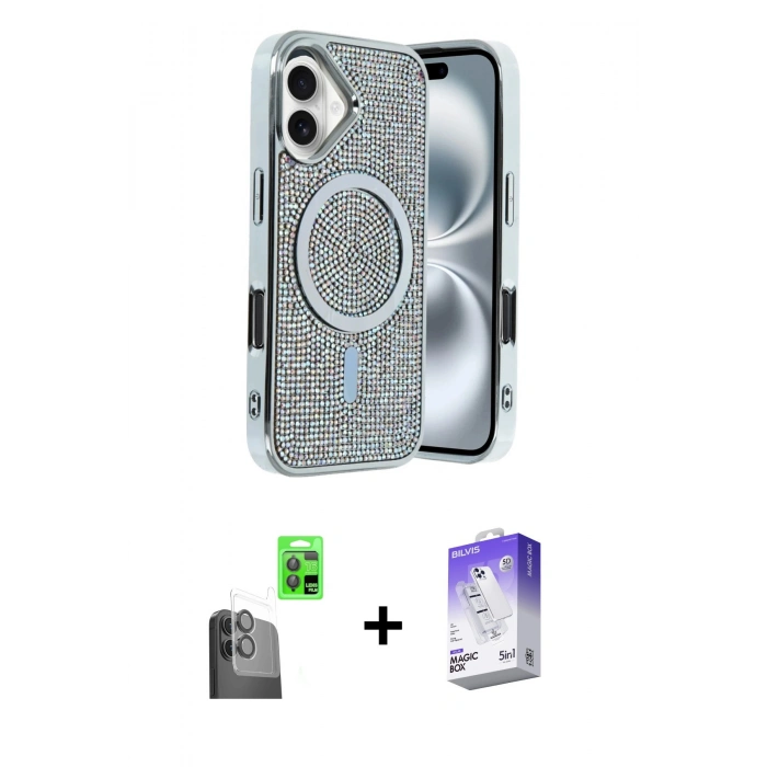 MARSİLYAN™- iPhone 16 Kılıf Eksen Çizgi - Siyah Bilvis 5in1 3D Magic Cam Ekran Koruyucu + Raze Metal Kamera Lens - SH