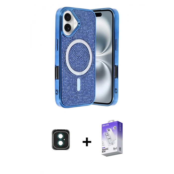 MARSİLYAN™- iPhone 16 Kılıf Eksen Çizgi - Siyah Bilvis 5in1 3D Magic Cam Ekran Koruyucu + PVD Metal Kamera Lens - YL